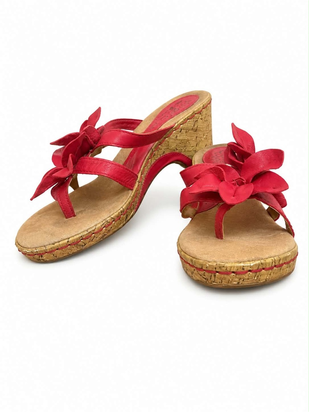 4/$20➡️ b.o.c. Red Leather Floral Cork Wedge Sandals – Size 9 GUC